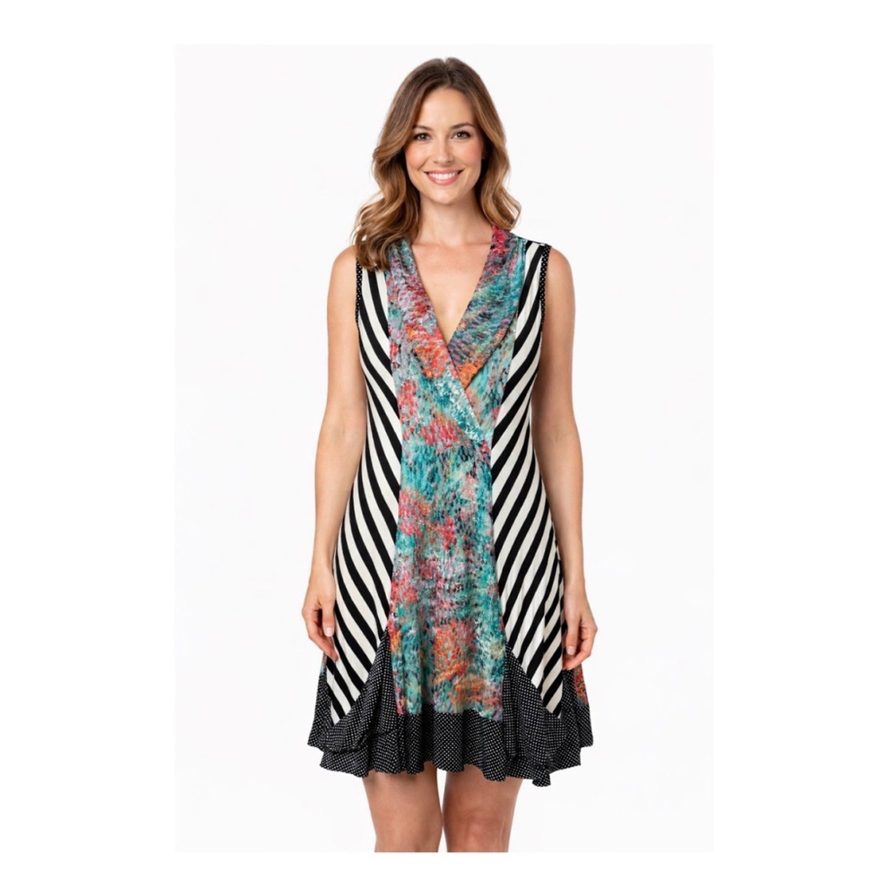 Tango Mango Multi Pattern Ruffled Botton V-Neck Dress XL